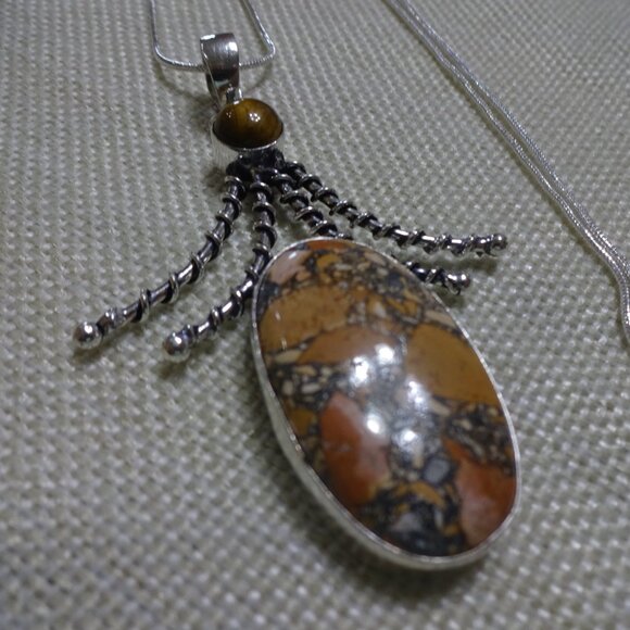 Natural BRECCIATED JASPER & TIGERS EYE Handmade Sterling 925 Pendant/Chain #300C - Picture 2 of 3